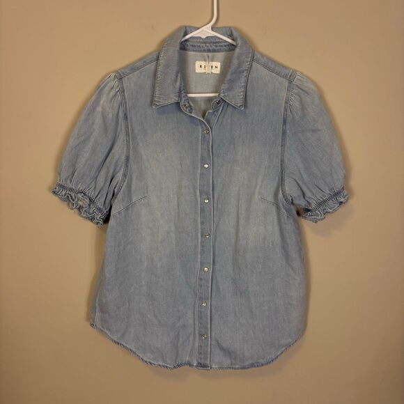 Risen Collared Button Front Denim Short Sleeve Ruffle Sleeve Size Large - Picture 1 of 6